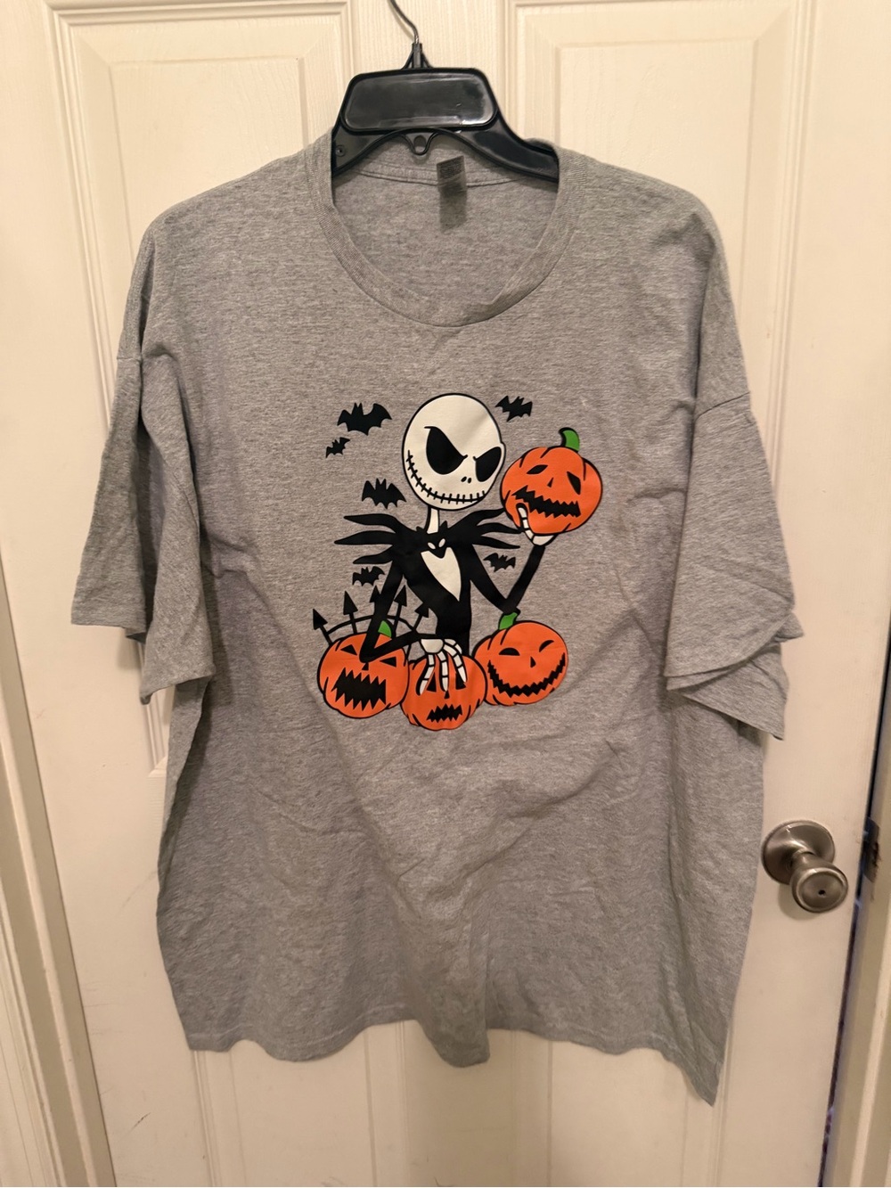 Gildan Gray Short Sleeve Tee with Halloween Jack Skellington Pumpkin Graphic